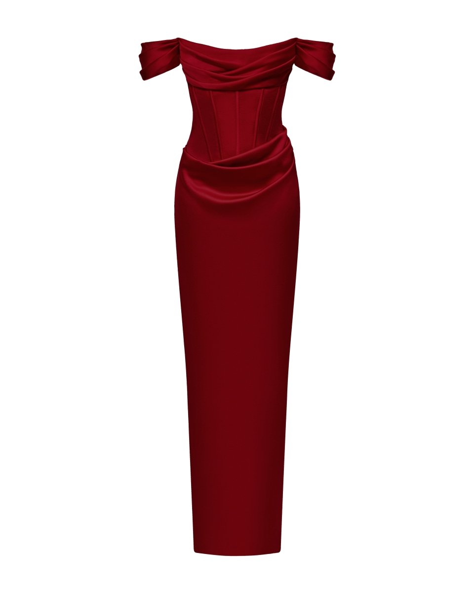 Off-the-shoulder draped corset satin gown in Burgundy