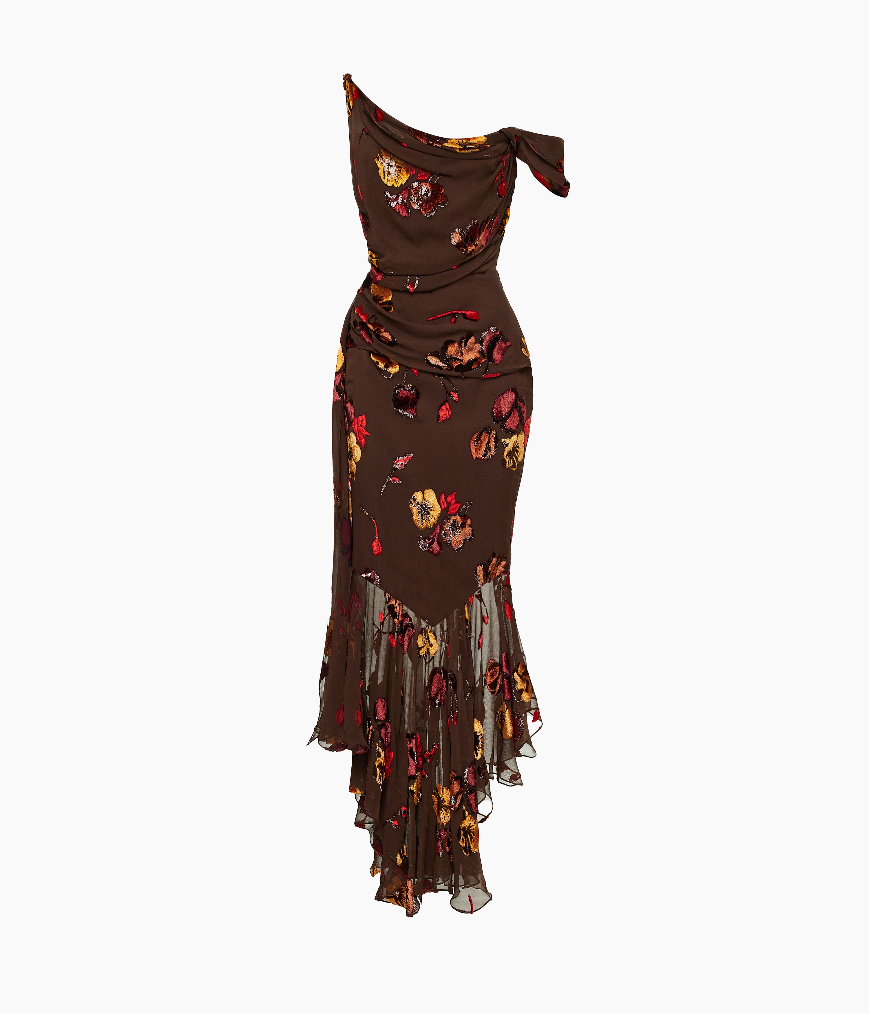 Midi corset dress made of panne velvet with an asymmetrical bodice in Brown