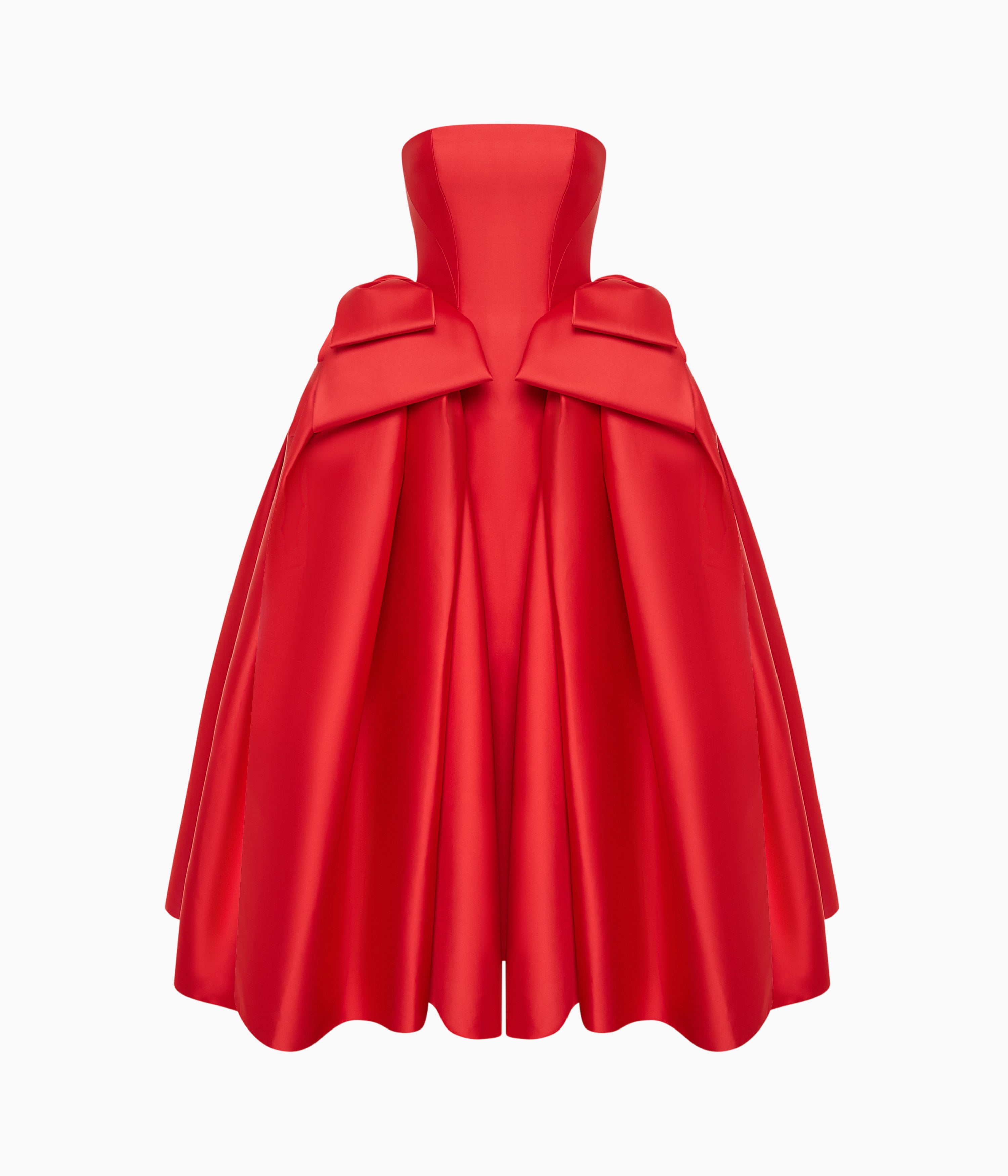 Satin Midi Dress with Sculptural Bow Details in Red