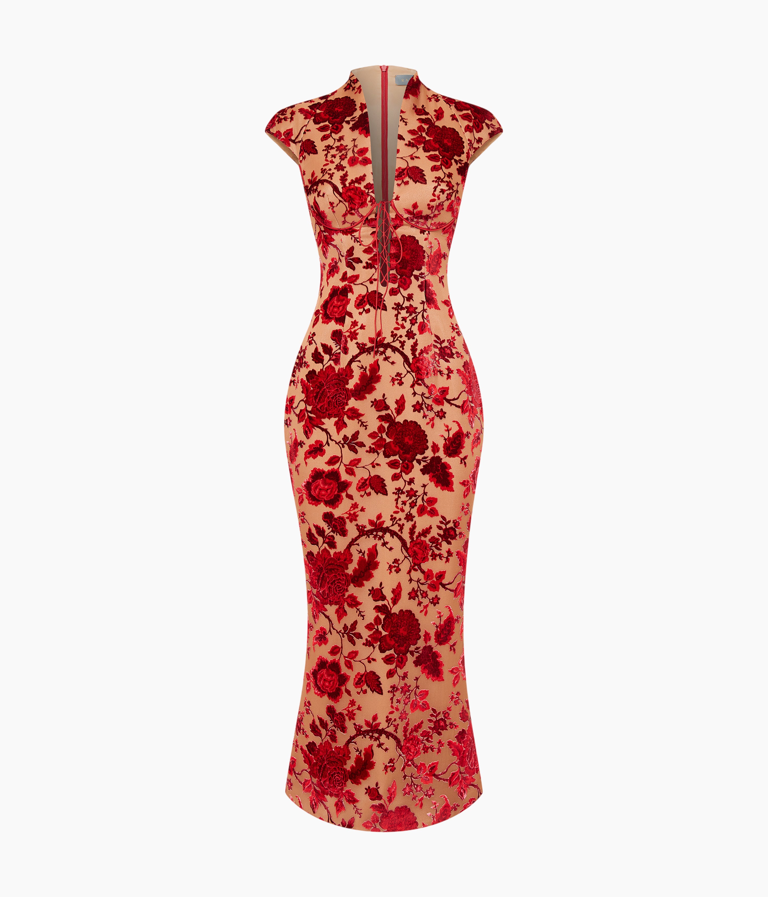 Devoré Velvet Midi Dress with Lacing in Red and Beige