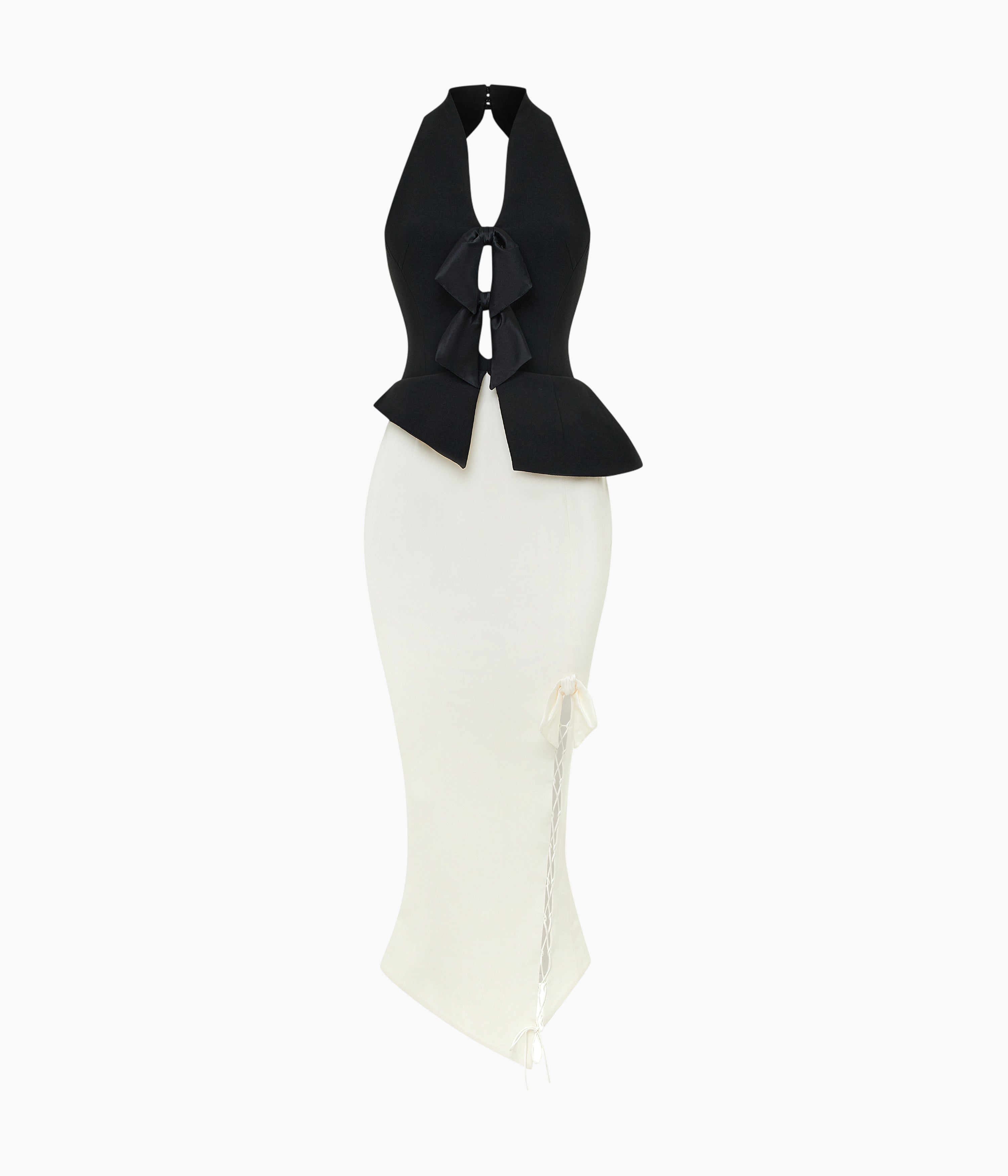 Midi dress with an asymmetrical cutout and a peplum in Black and White