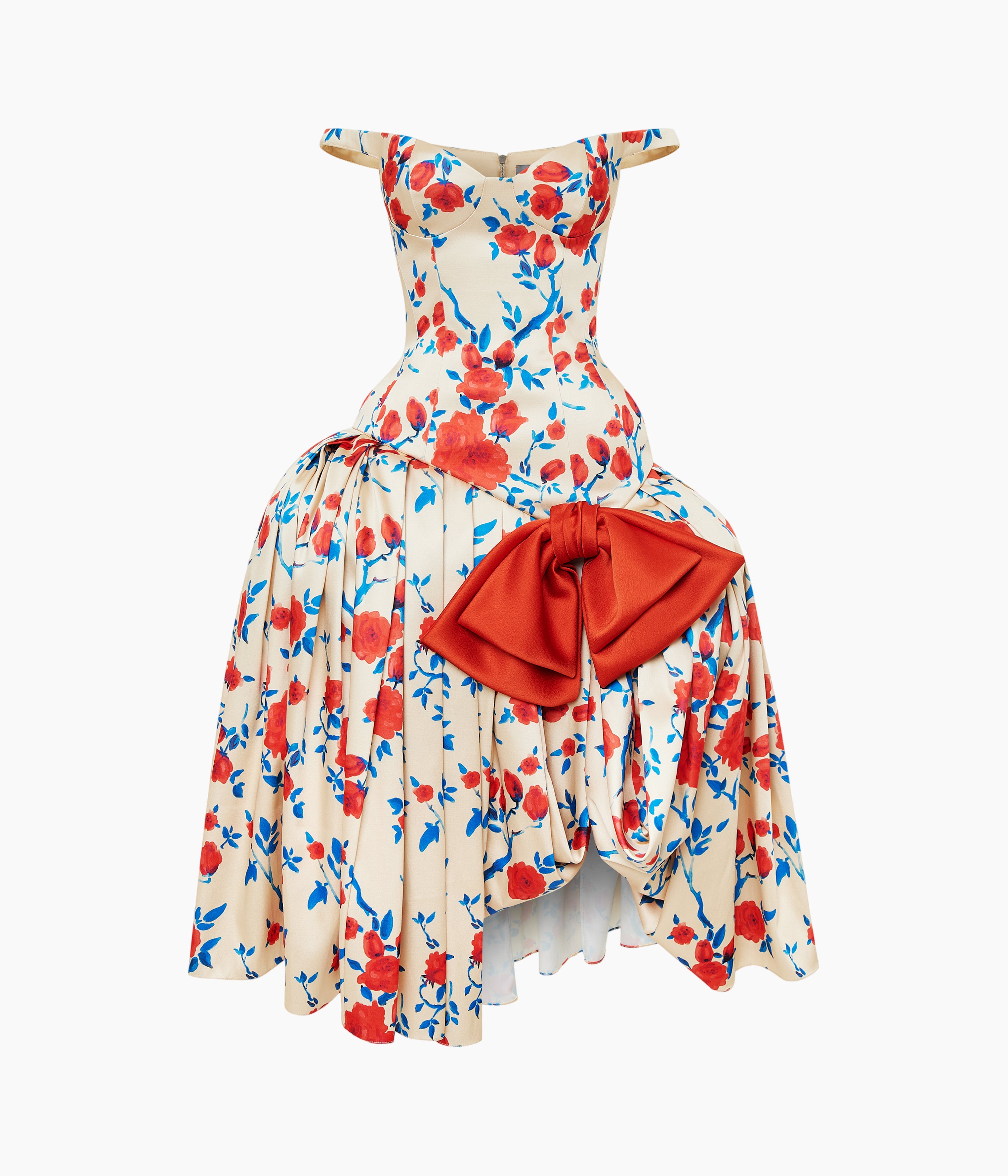Floral Satin Midi Dress with Sculptural Bow in Multi Beige
