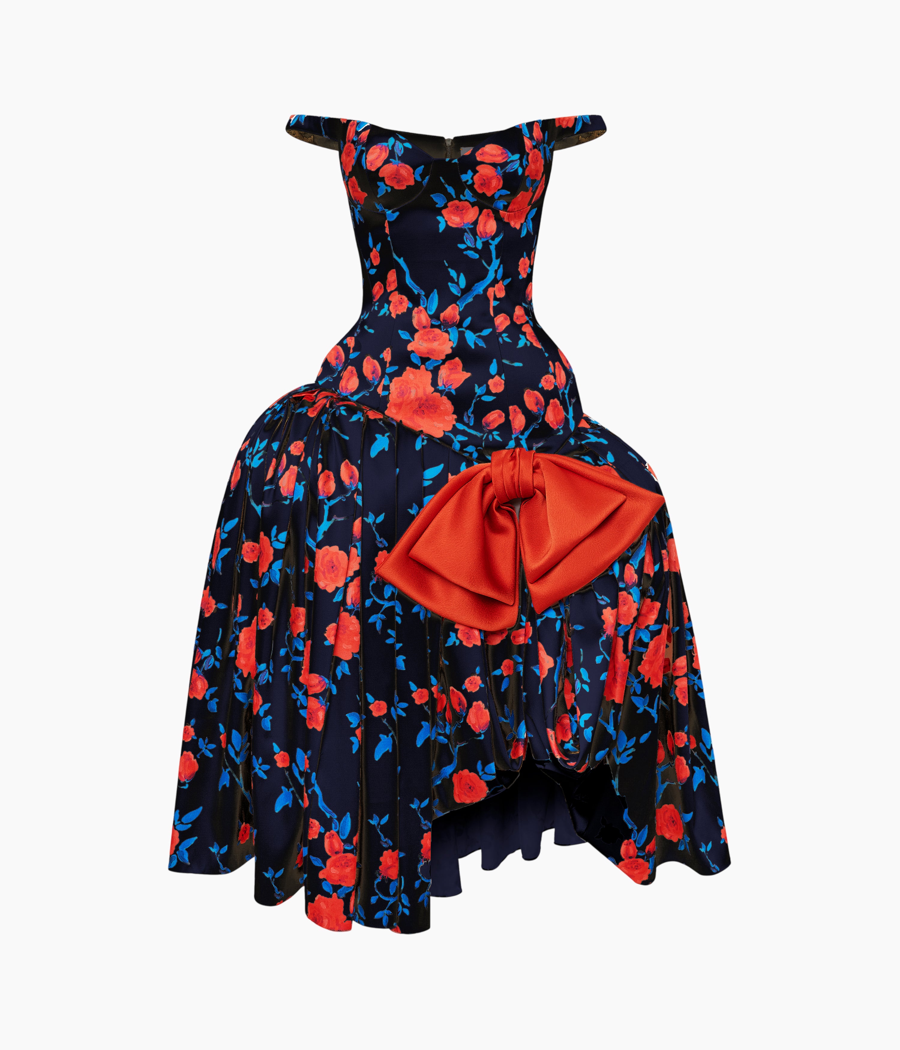 Floral Satin Midi Dress with Sculptural Bow in Black and Red