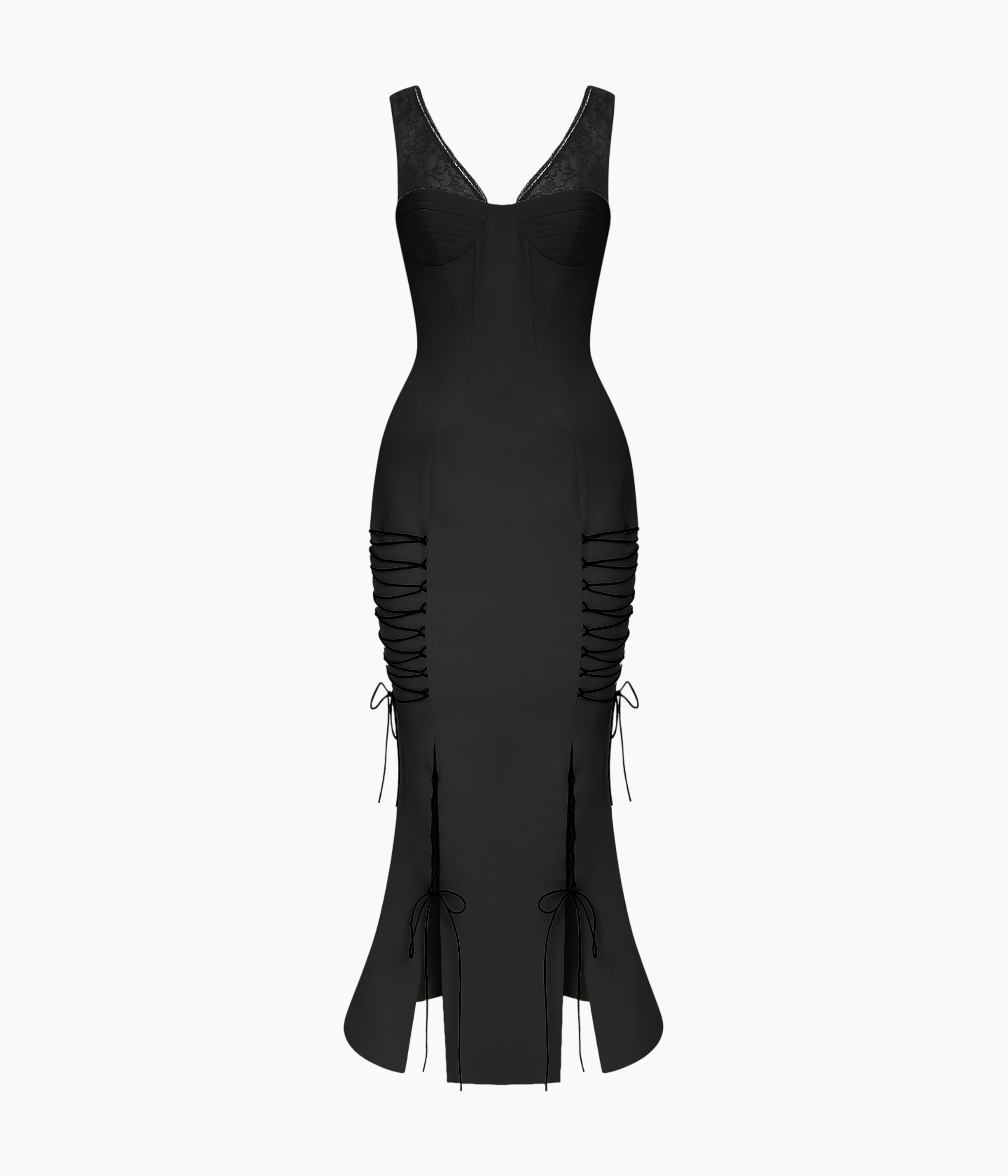 Crepe Midi Dress with a Corset Bodice and Lace-Up Detailing in Black