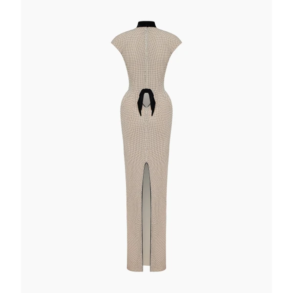 Rasario Crystal-Embellished Maxi Dress with Sculptural Pannier Panels in Beige, view 5