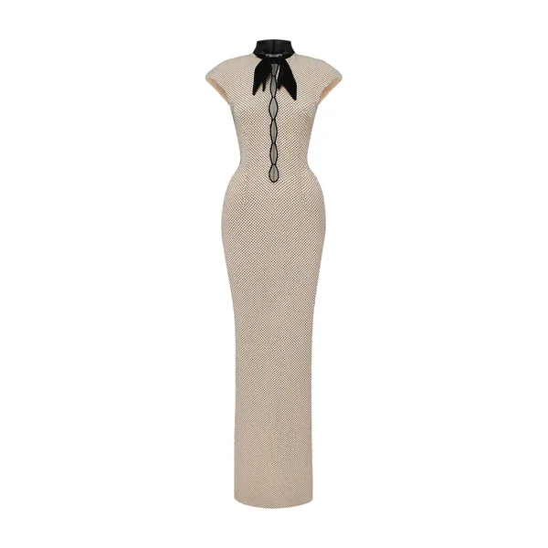 Rasario Crystal-Embellished Maxi Dress with Sculptural Pannier Panels in Beige