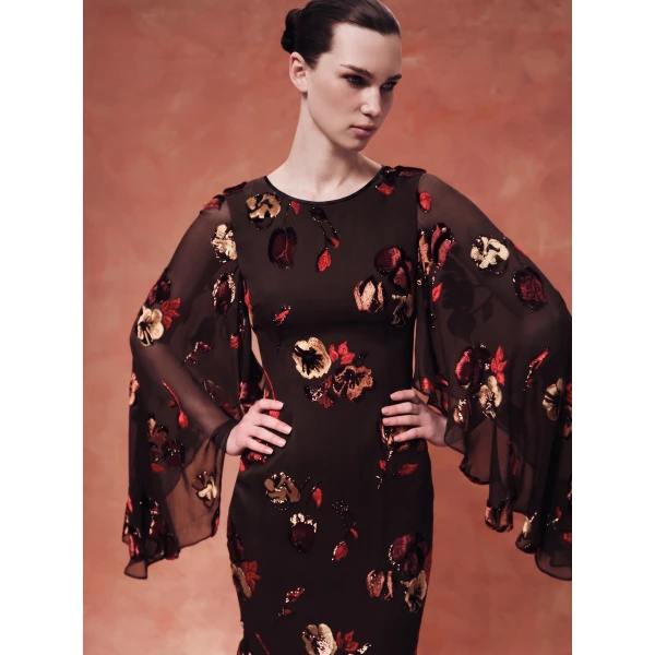 Rasario Devoré Velvet Midi Dress in Brown, view 2