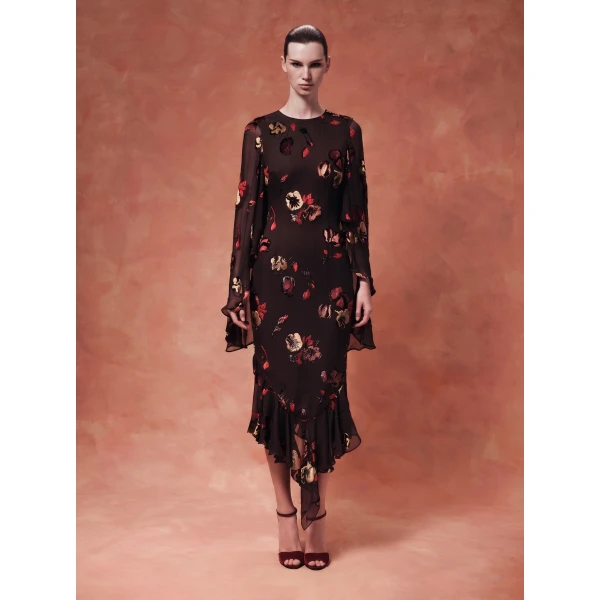 Rasario Devoré Velvet Midi Dress in Brown, view 3