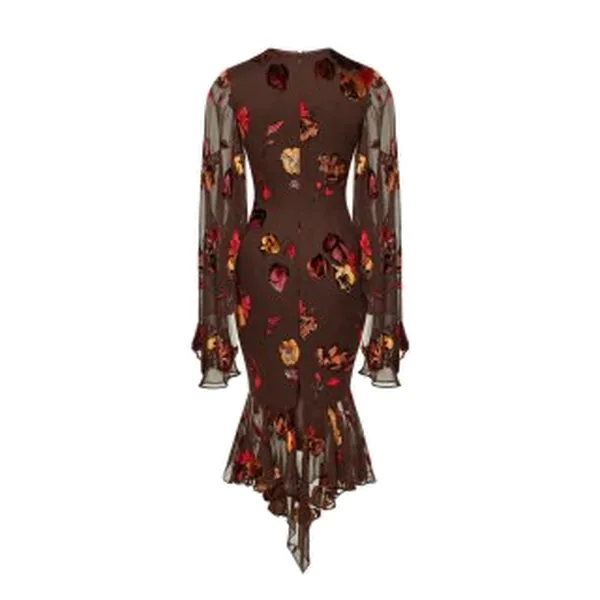 Rasario Devoré Velvet Midi Dress in Brown