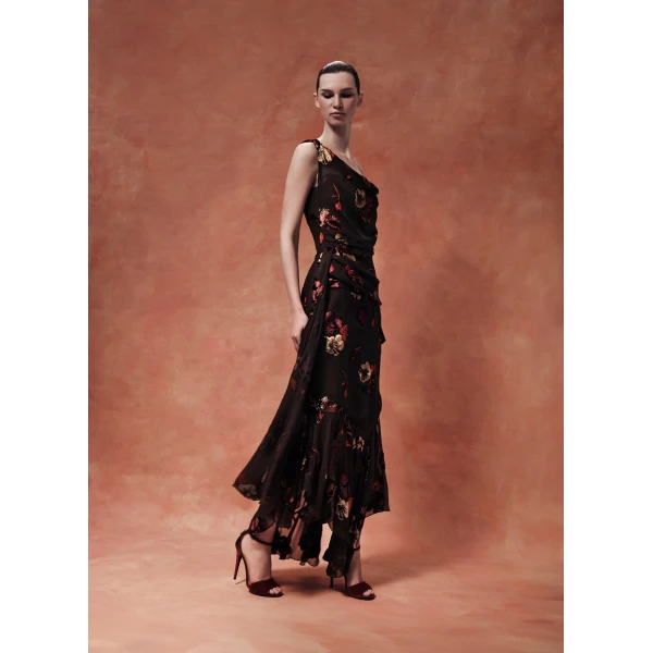 Rasario Midi corset dress made of panne velvet with an asymmetrical bodice in Brown, view 3