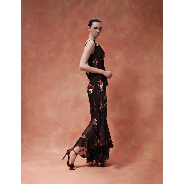 Rasario Midi corset dress made of panne velvet with an asymmetrical bodice in Brown, view 4