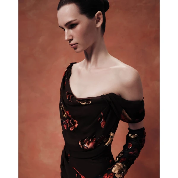 Rasario Midi corset dress made of panne velvet with an asymmetrical bodice in Brown, view 5