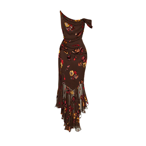 Rasario Midi corset dress made of panne velvet with an asymmetrical bodice in Brown