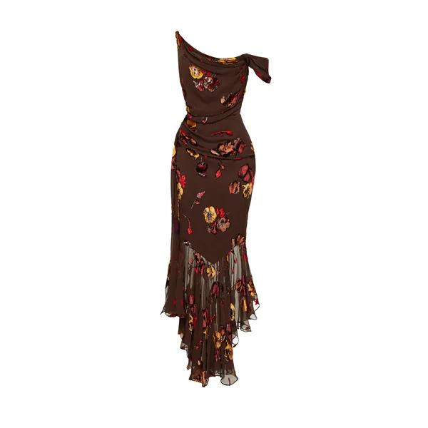 Rasario Midi corset dress made of panne velvet with an asymmetrical bodice in Brown