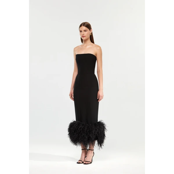 Rasario Corset crepe long midi dress with fringe in Black, view 5