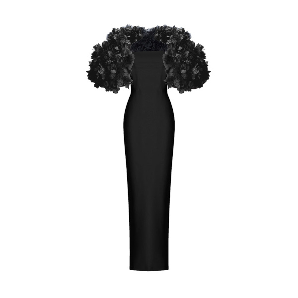 Rasario Crepe maxi dress with floral trim in Black
