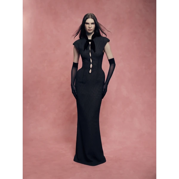 Rasario Crepe Midi Dress with a Corset Bodice and Lace-Up Detailing in Black, view 2