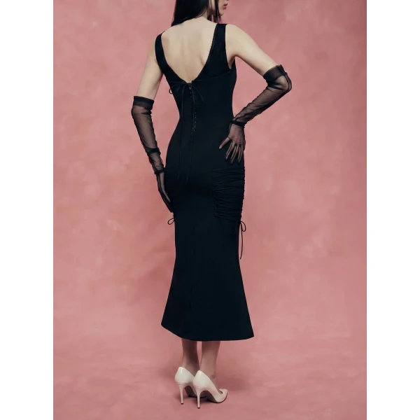 Rasario Crepe Midi Dress with a Corset Bodice and Lace-Up Detailing in Black, view 3