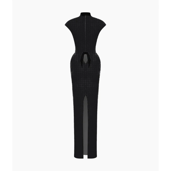 Rasario Crystal-Embellished Maxi Dress with Sculptural Pannier Panels in Black, view 4