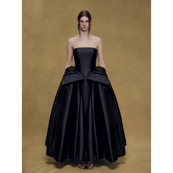 Rasario Satin Midi Dress with Sculptural Bow Details in Black, view 2