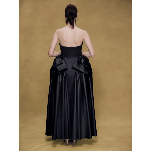 Rasario Satin Midi Dress with Sculptural Bow Details in Black, view 3