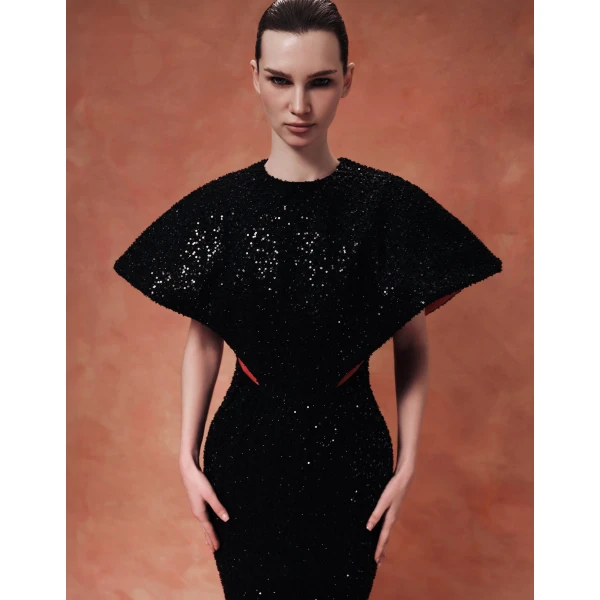 Rasario Sequin-Embellished Maxi Gown with Sculptural Contrast-Lined Sleeves in Black, view 3