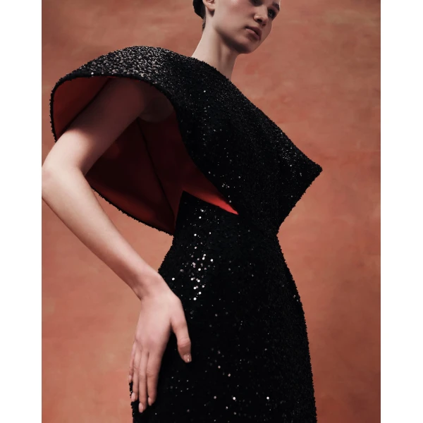 Rasario Sequin-Embellished Maxi Gown with Sculptural Contrast-Lined Sleeves in Black, view 4