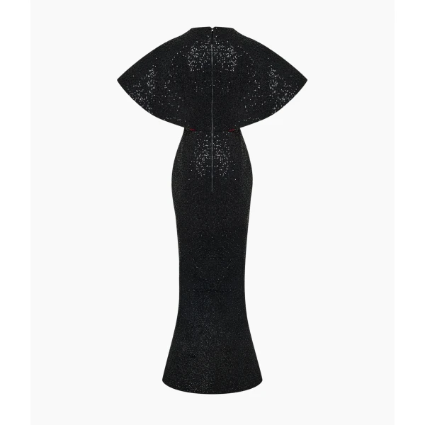 Rasario Sequin-Embellished Maxi Gown with Sculptural Contrast-Lined Sleeves in Black, view 5