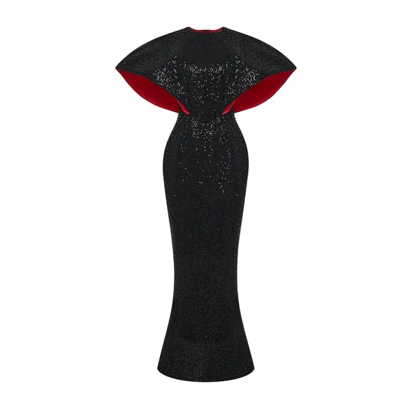 Rasario Sequin-Embellished Maxi Gown with Sculptural Contrast-Lined Sleeves in Black