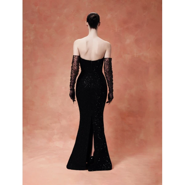 Rasario Sequin-Embroidered Bustier Maxi Dress in Black, view 3