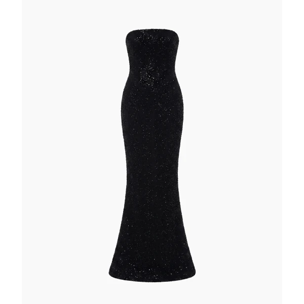 Rasario Sequin-Embroidered Bustier Maxi Dress in Black