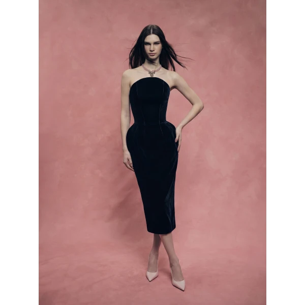 Rasario Velvet off-shoulder corset dress in Black, view 2