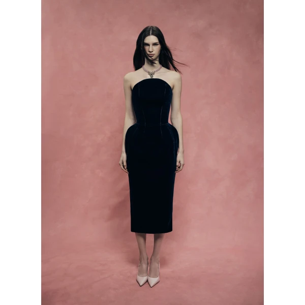 Rasario Velvet off-shoulder corset dress in Dark Blue, view 2
