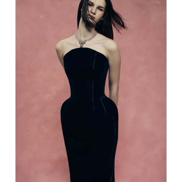 Rasario Velvet off-shoulder corset dress in Dark Blue, view 3