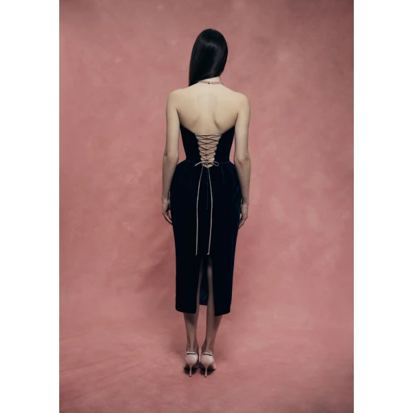 Rasario Velvet off-shoulder corset dress in Dark Blue, view 4