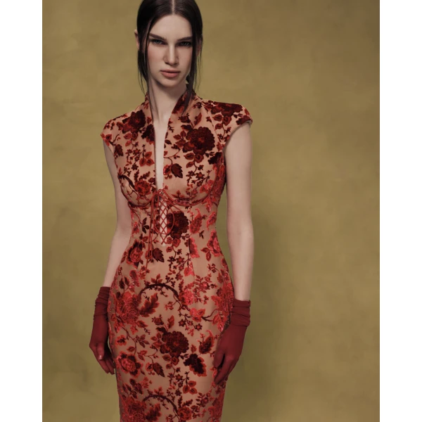 Rasario Devoré Velvet Midi Dress with Lacing in Red and Beige, view 3