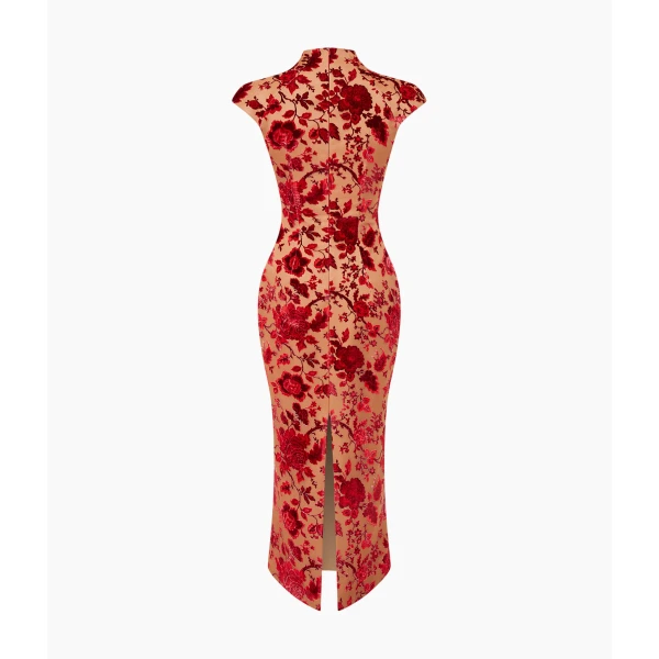 Rasario Devoré Velvet Midi Dress with Lacing in Red and Beige, view 4