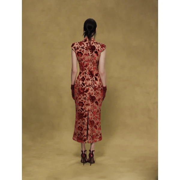 Rasario Devoré Velvet Midi Dress with Lacing in Red and Beige, view 5