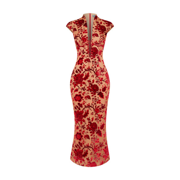 Rasario Devoré Velvet Midi Dress with Lacing in Red and Beige
