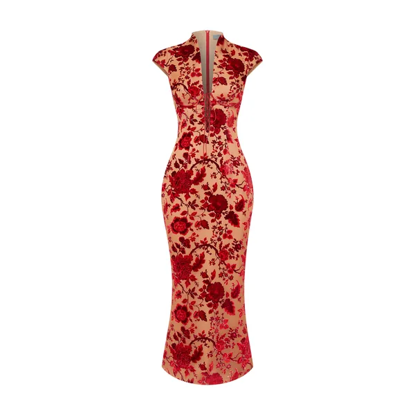 Rasario Devoré Velvet Midi Dress with Lacing in Red and Beige