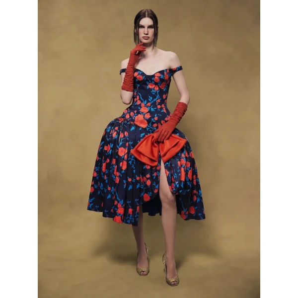 Rasario Floral Satin Midi Dress with Sculptural Bow in Black and Red, view 2