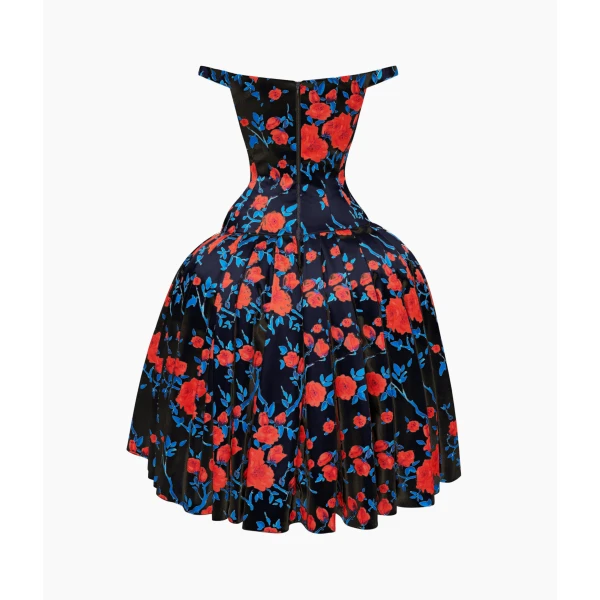 Rasario Floral Satin Midi Dress with Sculptural Bow in Black and Red, view 4