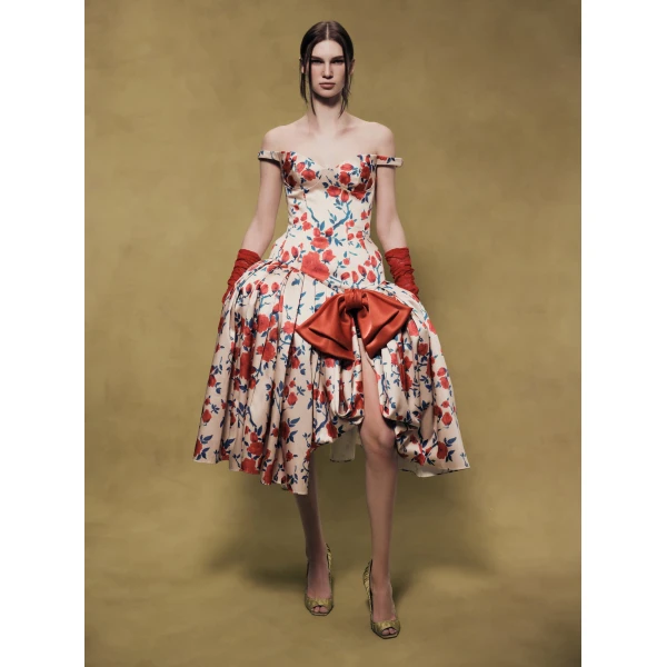 Rasario Floral Satin Midi Dress with Sculptural Bow in Multi Beige, view 2