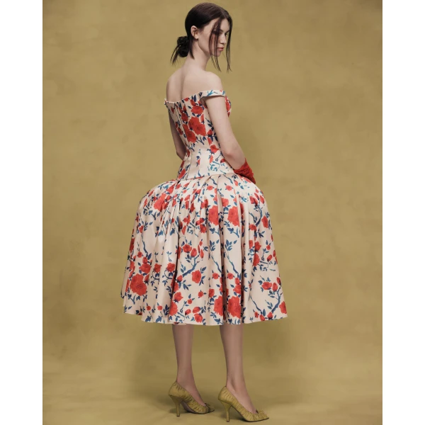 Rasario Floral Satin Midi Dress with Sculptural Bow in Multi Beige, view 4