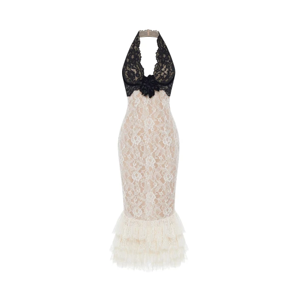 Rasario Lace midi dress with a flower in White and black