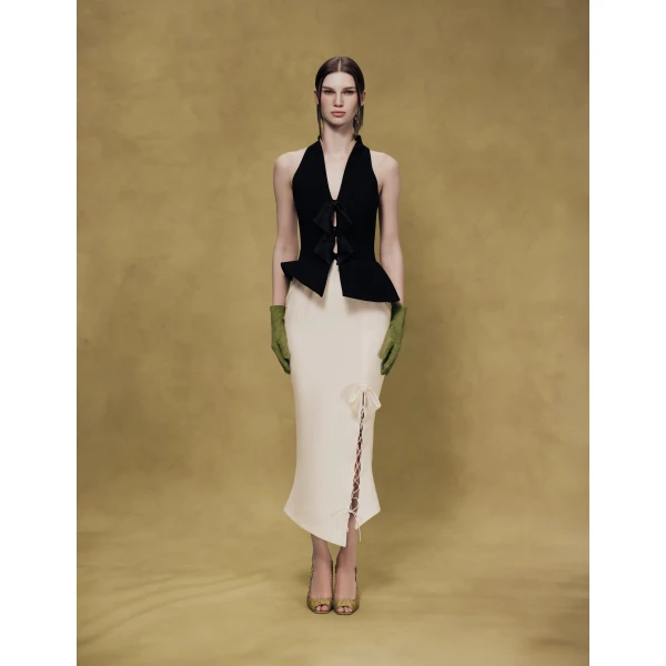 Rasario Midi dress with an asymmetrical cutout and a peplum in Black and White, view 2