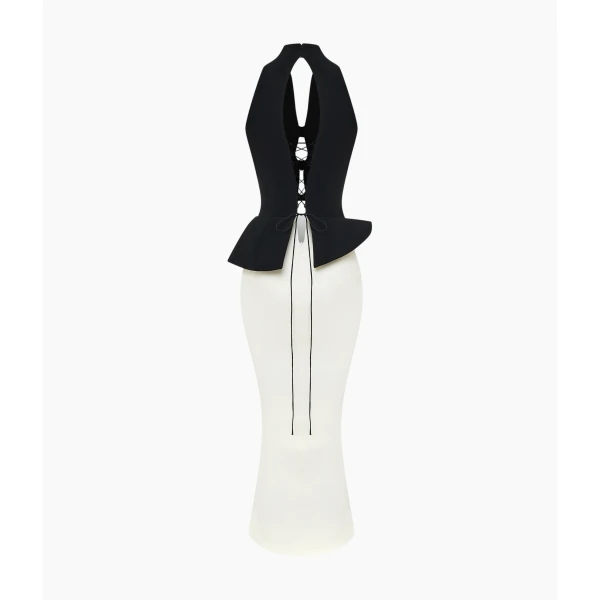 Rasario Midi dress with an asymmetrical cutout and a peplum in Black and White, view 4