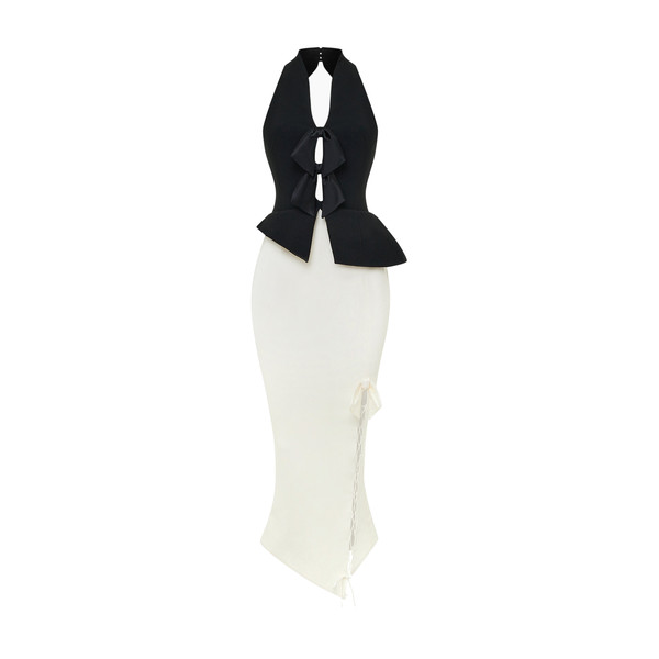 Rasario Midi dress with an asymmetrical cutout and a peplum in Black and White