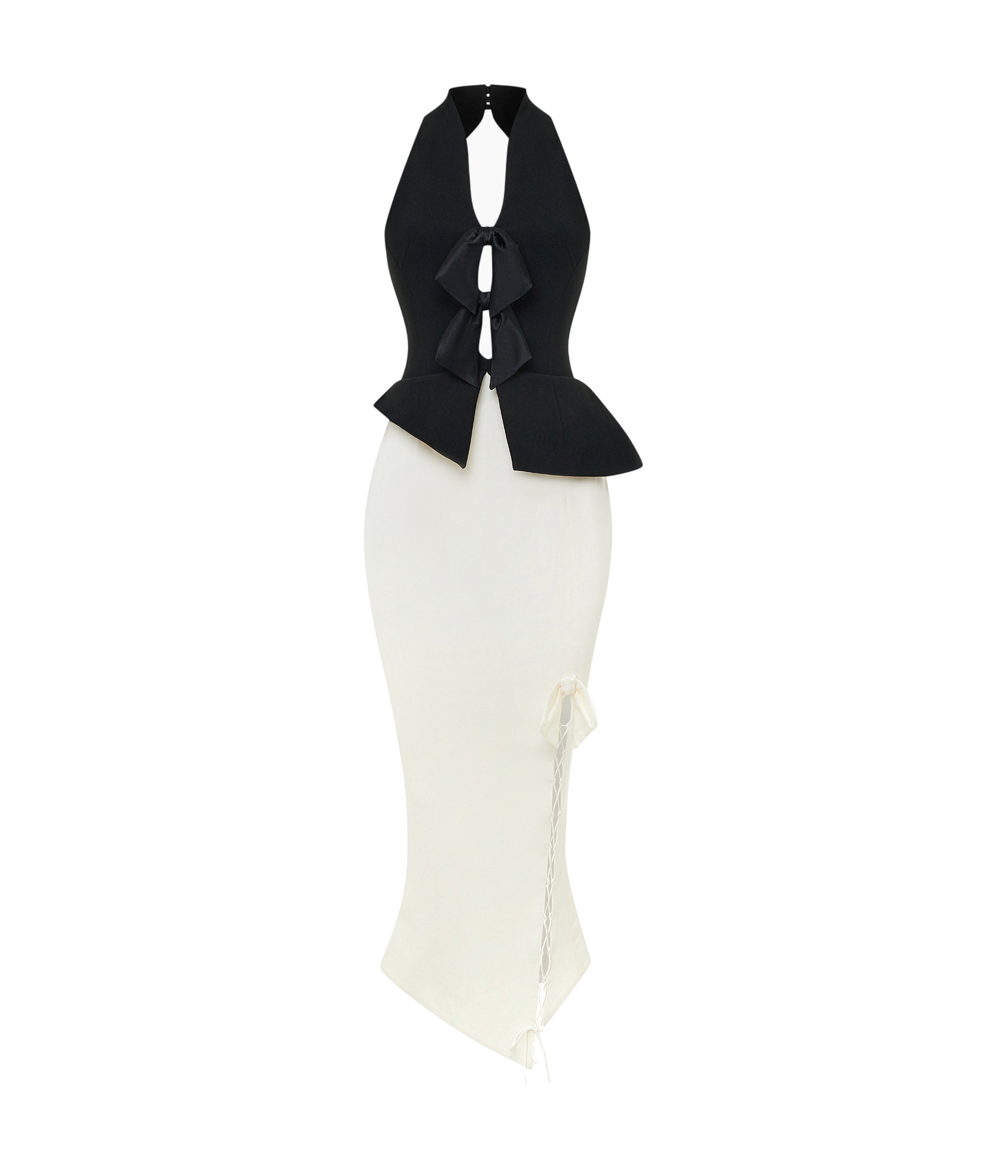 Rasario Midi dress with an asymmetrical cutout and a peplum in Black and White Rasario Midi dress with an asymmetrical cutout and a peplum in Black and White