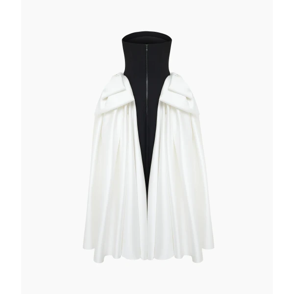 Rasario Satin Midi Dress with Sculptural Bow Details in Black and White, view 2